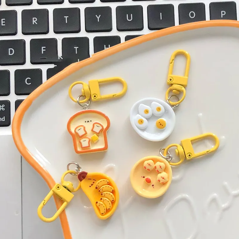 Portachiavi con simpatico cartone animato, uovo in camicia, banana e toast, creativo, per la colazione, decorazione per zaino, borse, ciondolo_voghion.com