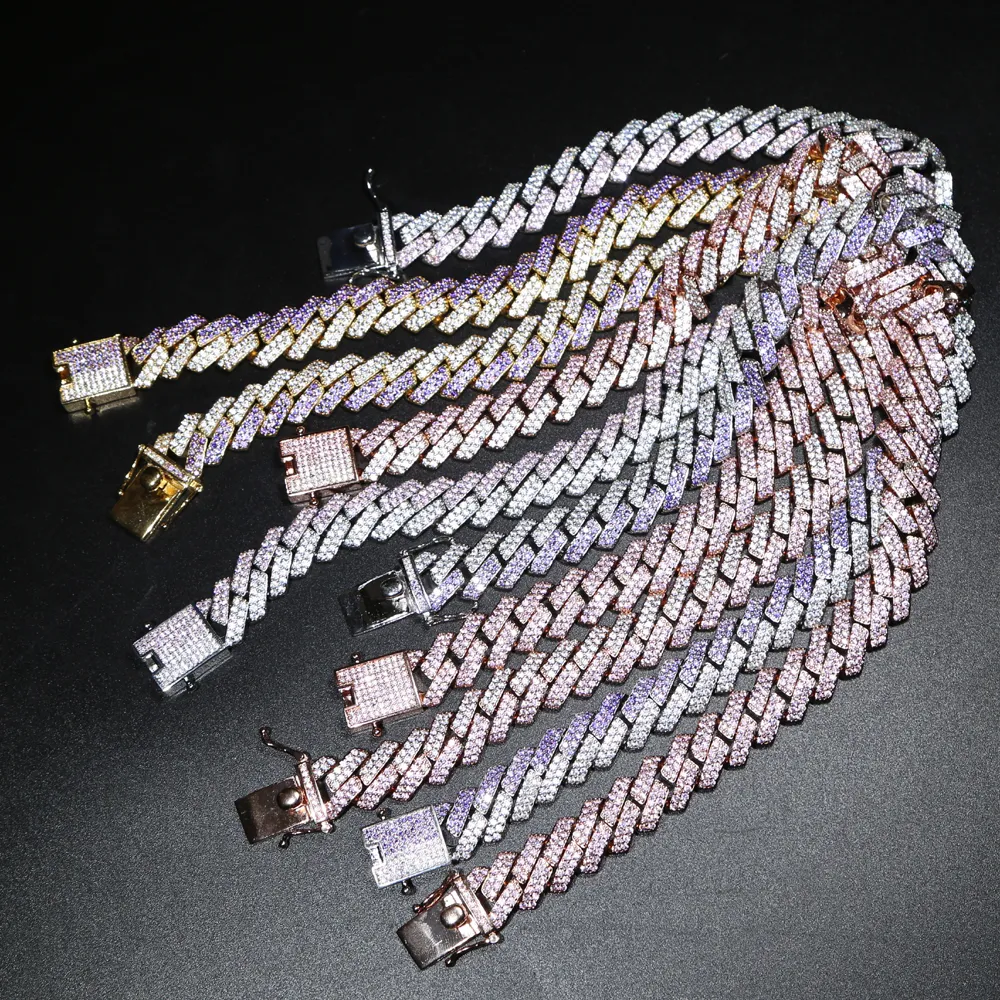 Catena a maglie cubane con doppia fila di zirconi cubici CZ con retro solido da 15 mm di larghezza e diamantata_voghion.com
