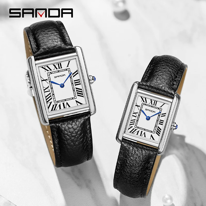 Elegant Square Quartz Couple Watches With Leather Strap For Him_voghion.com