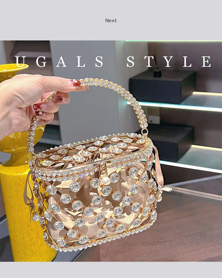 Designer aushöhlen Gold Metall Käfig Kristall glänzend Rhie Dia Abend Hochzeit Party Kupplung Geldbörse Umhängetasche_voghion.com