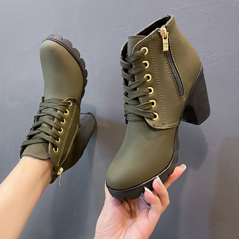 Herbst High Single Gürtelschnalle Schuhe Dicker Absatz Kurzer runder Kopf Martin Damen Schnürung und nackte Ritterstiefel_voghion.com