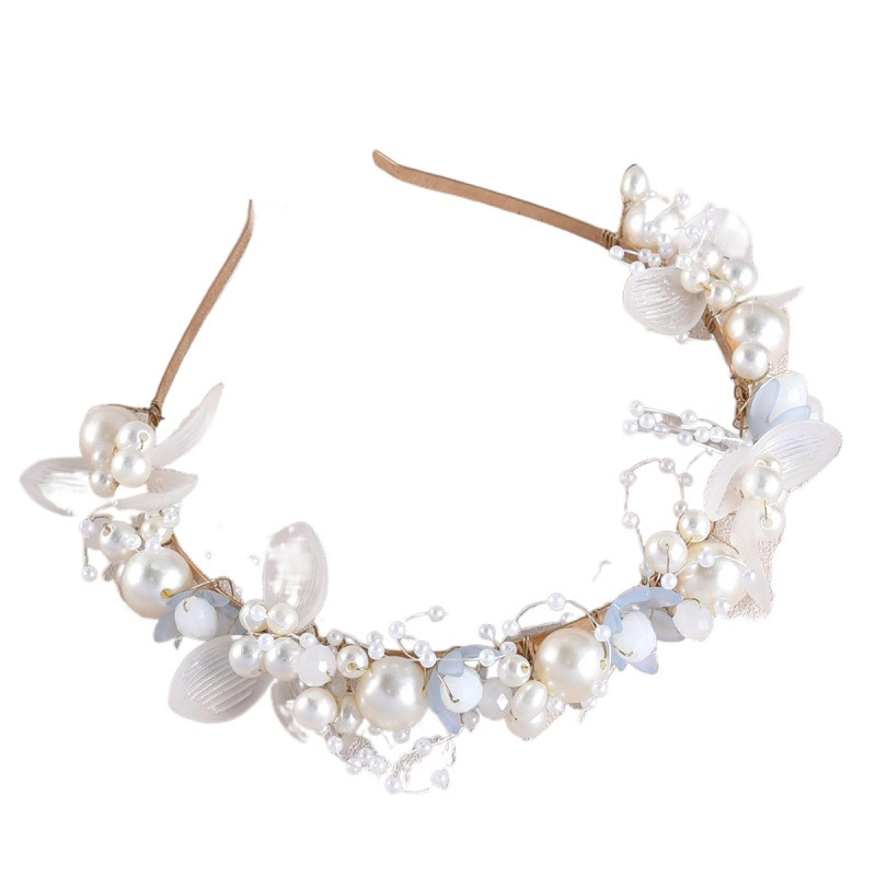 Haarschmuck für die Brauthochzeit, weiches Kettenstirnband mit weißen Blumen und handbestickten Perlen, Girlandenkrone für Mädchenkleider_voghion.com