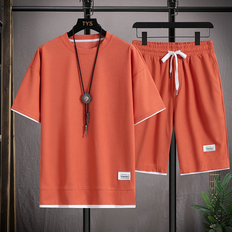 Men's Clothing Waffle T-shirt men's two-piece suit couple loose trendy large size five-point pants outdoor casual_voghion.com