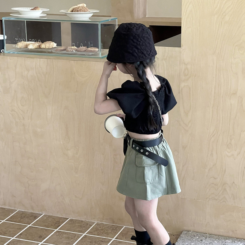 Ensemble 2 pièces pour mère et fille, haut à manches bouffantes rétro + jupe de travail, pour enfants de petite et moyenne taille_voghion.com