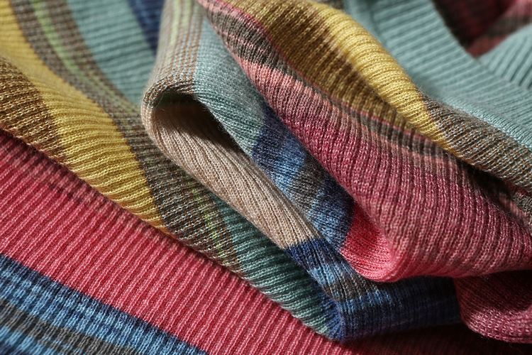 Pull en laine ultrafine pour femme, coupe cintrée, assorti avec tout, manches mi-longues, haut élastique à rayures arc-en-ciel, printemps et été_voghion.com