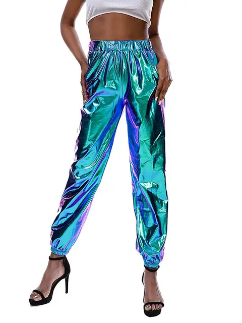 Pantaloni da jogging lucidi metallizzati più venduti Pantaloni elastici da donna Harem Hip Hop a vita alta scintillanti Streetwear_voghion.com