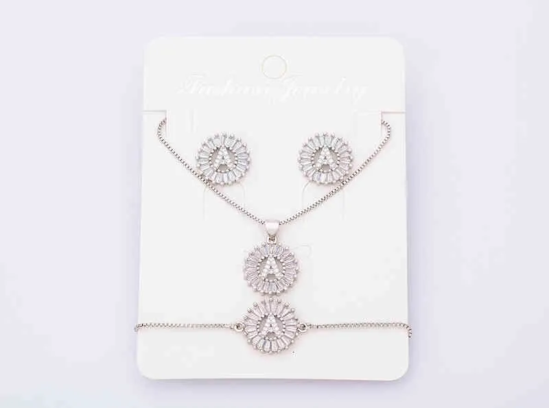 Charm Initial Necklace + Stud Earrings Bracelet Sets Jewelry Copper Zircon White Color A-z 26 Letters Alphabet_voghion.com
