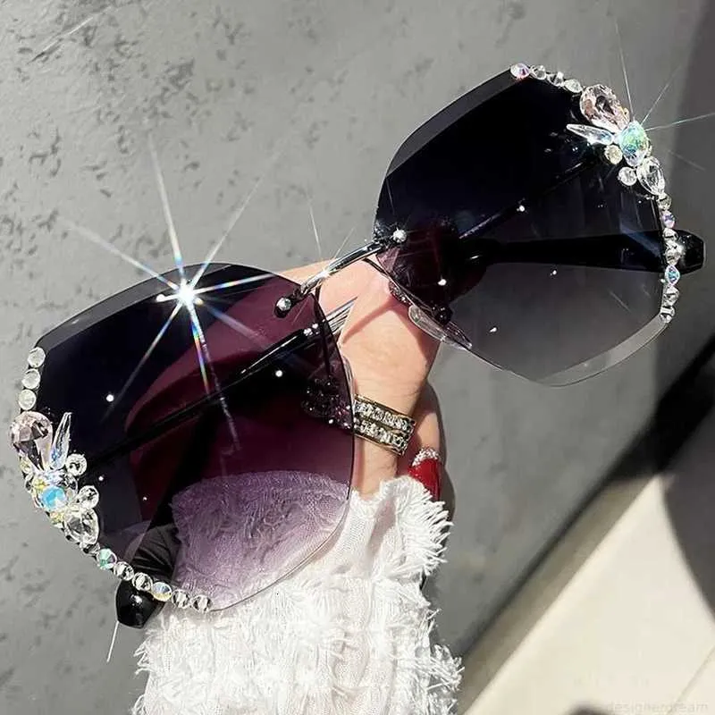 Designer Rhinestone Sunglasses Vintage Rimless Gradient Lenses_voghion.com