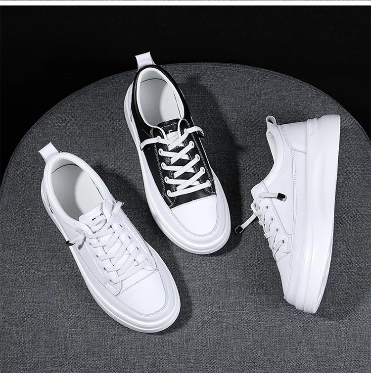 Γνήσιο Δερμάτινο Γυναικείο Κορεατικό Μικρό Λευκό Άνοιξη-Καλοκαίρι Σφουγγάρι Κέικ με Χοντρές Σόλες και Δαντέλα Αθλητικά Παπούτσια_voghion.com