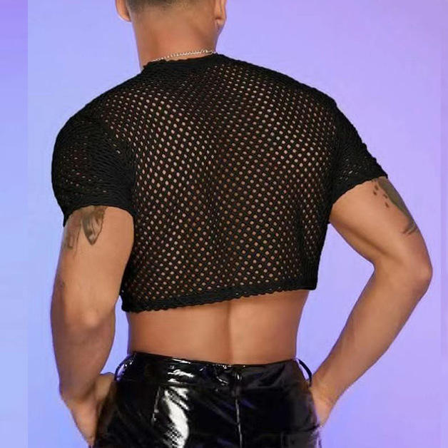 intimo sexy leggermente trasparente da uomo, design maschile, maglia cava, manica corta, moda corta, t-shirt, abbigliamento maschile_voghion.com