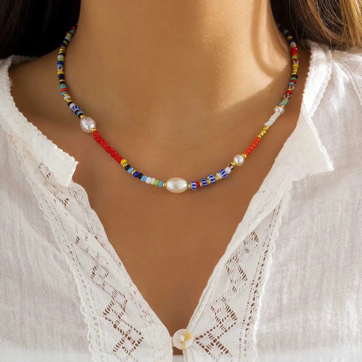 Colliers pendentifs nouvelle mode coréenne colorée mignonne perles de rocaille chaîne collier ras du cou pour femmes perles simulées baroques_voghion.com