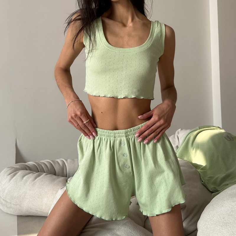 Ensemble de vêtements de nuit décontractés pour femmes, couleur unie, bretelles creuses, vêtements de maison, nouvelle collection été 2025_voghion.com