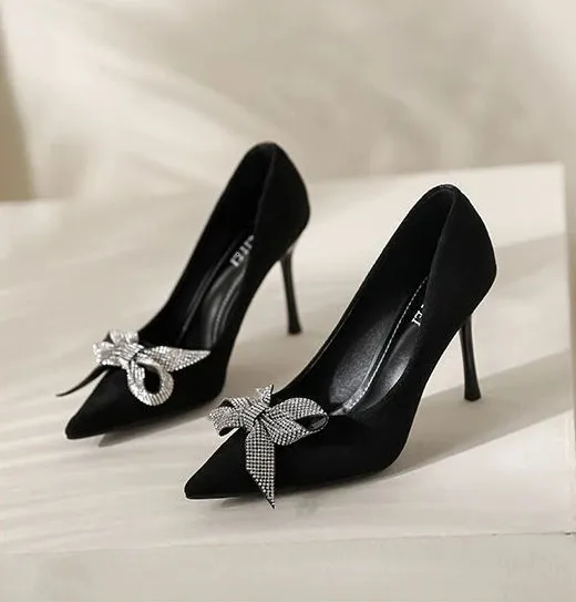 Scarpe da donna con tacco alto, estive, stiletto, per ufficio, nere, con punta a punta e fiocco, con tacco alla moda_voghion.com
