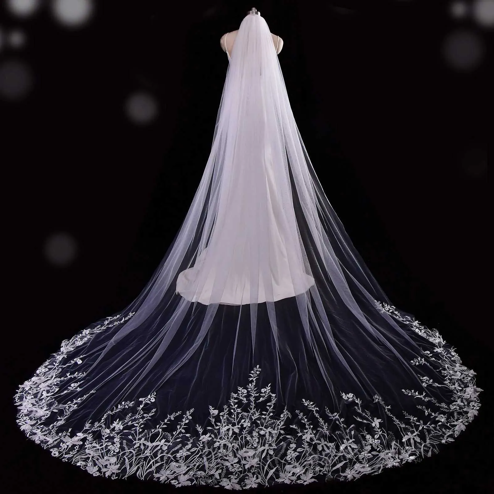 Voaluri de mireasă cu bijuterii pentru păr, plus accesorii pentru rochii, voal de mireasă extra lung cu broderie din dantelă V162_voghion.com