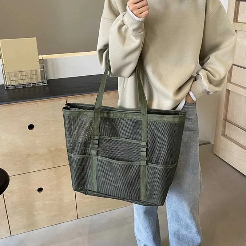 Hollow large capacity makeup storage womens multifunctional mesh shoulder travel transparent beach bag Y241011_voghion.com