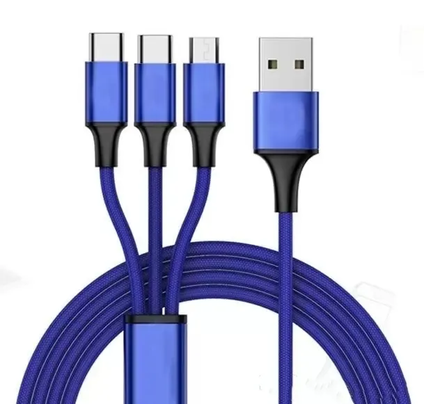 1 Meters 2m 3-in-1 Data Copper Core Nylon Braided Anti-stretch Multi-port Android V8 Type C 2a Fast Charge Mobile Phone_voghion.com