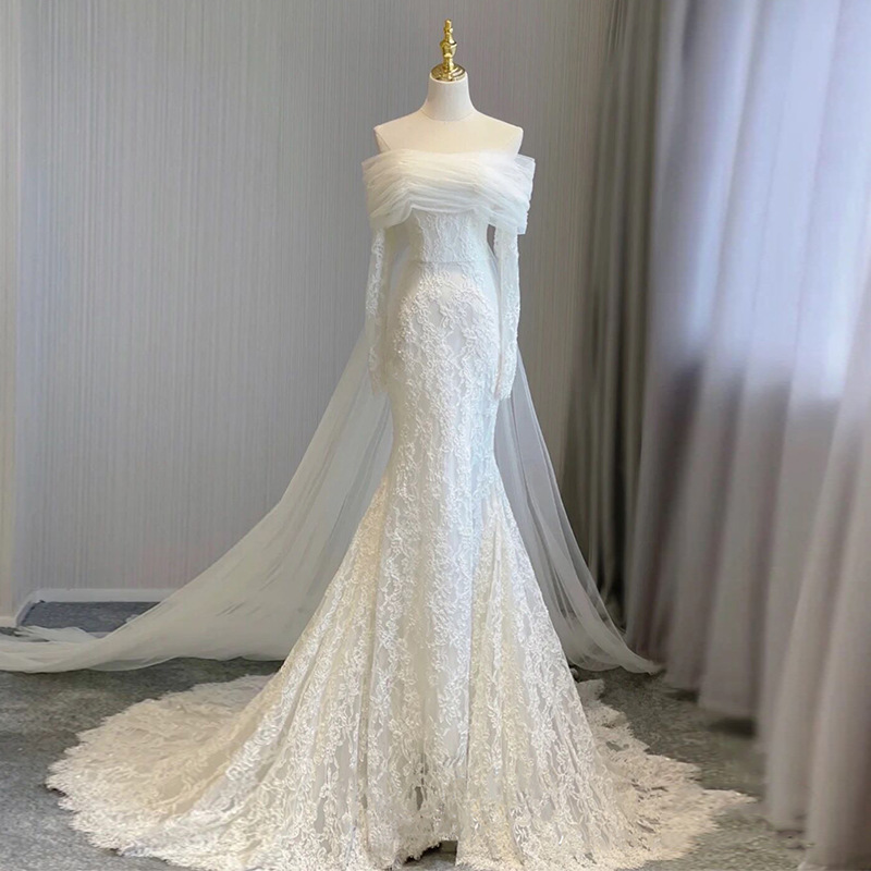 Women's Clothing Fishtail Lace Light Wedding Dress Bride Simple One Shoulder Wedding Reception French Light Dress