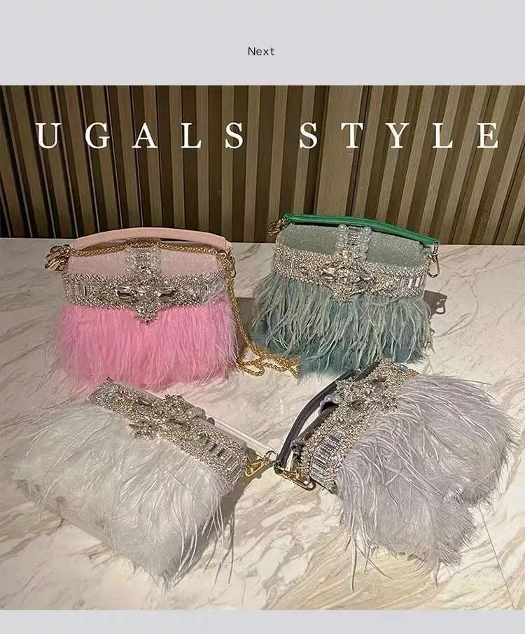 Borsa da sera da donna in pelo di struzzo, borsa a tracolla con pochette in cristallo Rhie Dia, borsa da festa per matrimonio_voghion.com