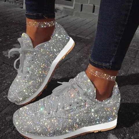 Women Casual Glitter Mesh Flat Ladies Sequin Vulcanized Lace Up Sneakers Outdoor Sport Running Shoes_voghion.com