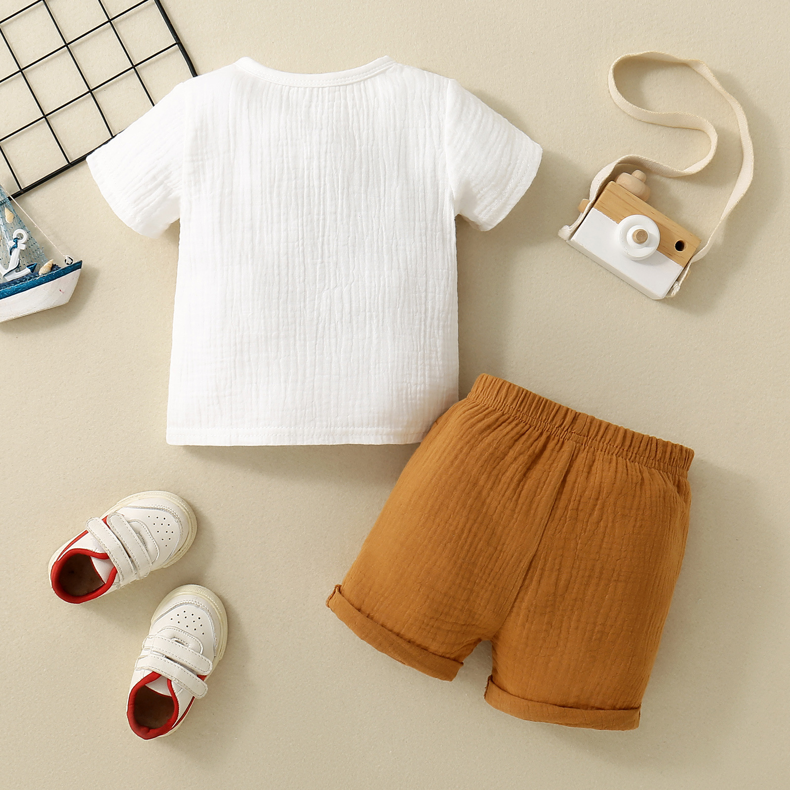 Mère et enfants infantile et enfant en bas âge bloc de couleur poitrine dessus patchwork poche col ouvert T-shirt + couleur unie cordon ensemble short et haut_voghion.com