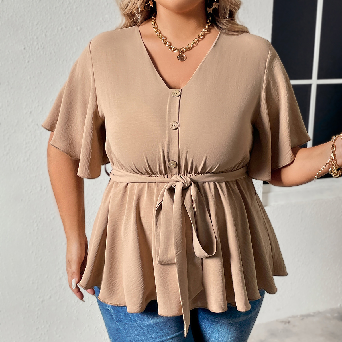 Damen V-Ausschnëtt Schlankheets-Tops fir grouss Gréissten MM Casual Damen_voghion.com