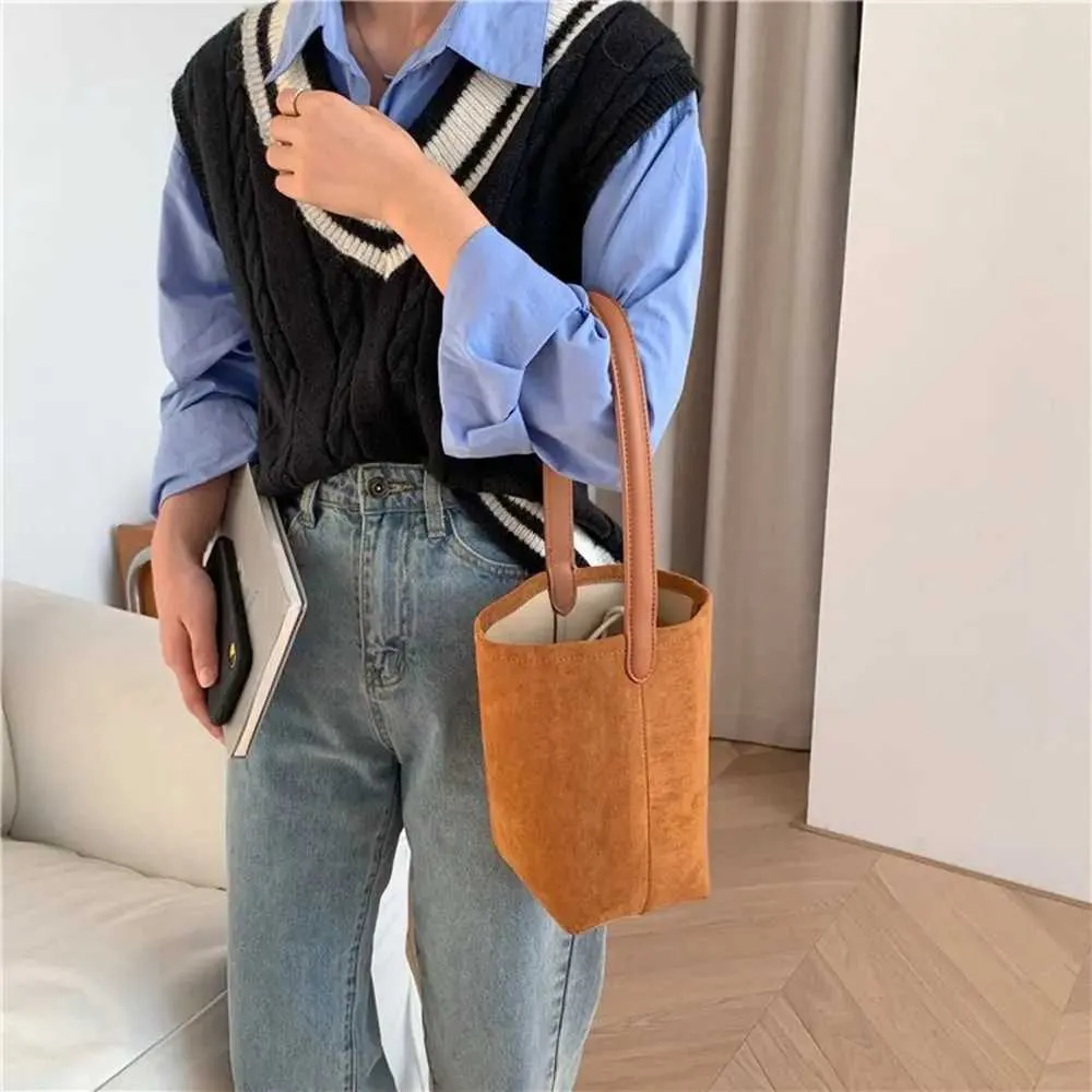 Designer-Tasche Retro Wildleder Eimer einfarbig Handtasche matt PU Leder Schulter koreanische Brieftasche Unterarmtasche für Mädchen_voghion.com
