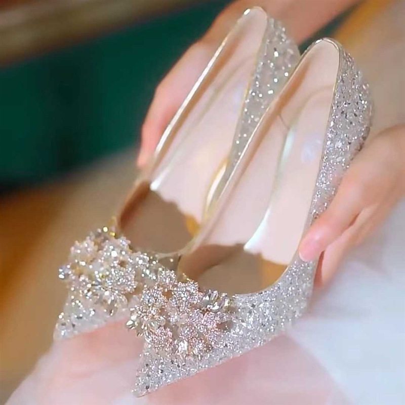 P7 Chaussures de mariage en cristal à paillettes françaises en diamant, robe de fiançailles, Xiuhe Banquet, demoiselle d'honneur, mariée, chaussures de banquet, pieds non fatigués, talons hauts