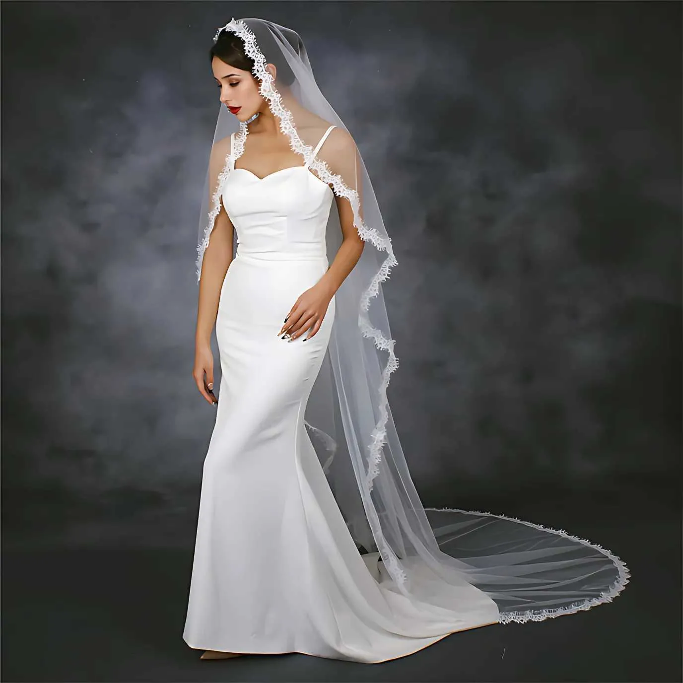 Hair Jewelry Veil 1 Tier Long Veils Wedding Bridal Accessories Scallop Lace Trim Soft Tulle Short Veu VP98_voghion.com