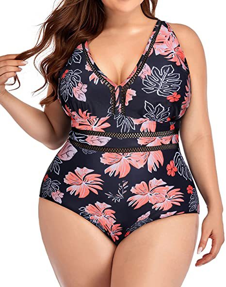 Women's one-piece swimsuit for women splicing hollow printed swimsuit V-neck large size bikini_voghion.com