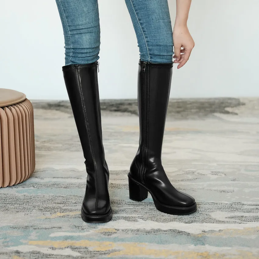 Knee Boots Heel Women's Square Below 2024 Winter Solid Color Fashion Warm Women Shoes Comfortable With Side Z 55_voghion.com