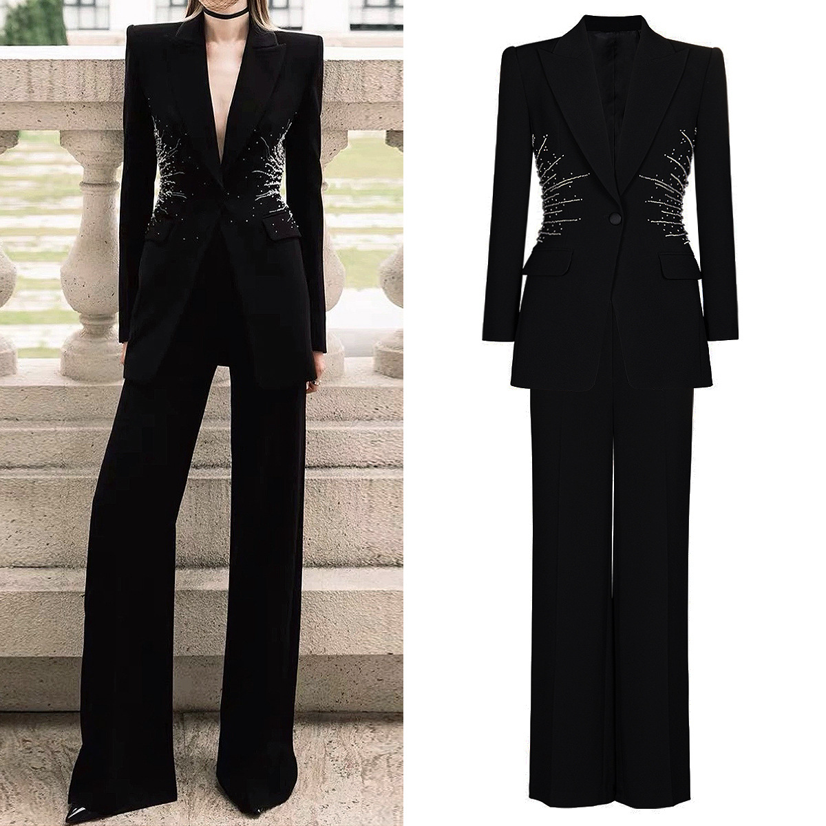 Women's Clothing Spot autumn and winter new Internet celebrity style beaded suit two piece suit temperament women's suit pants suit