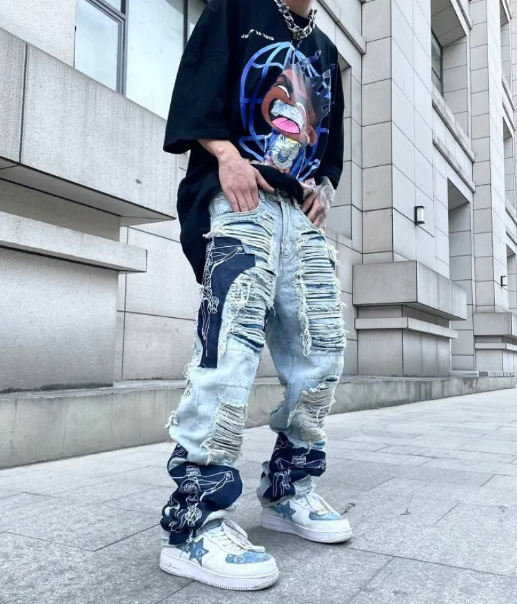 Blugi rupți pentru bărbați, mărimea mare, și pantaloni hip-hop pentru femei, skateboarding, lejer, Y2K, largi_voghion.com