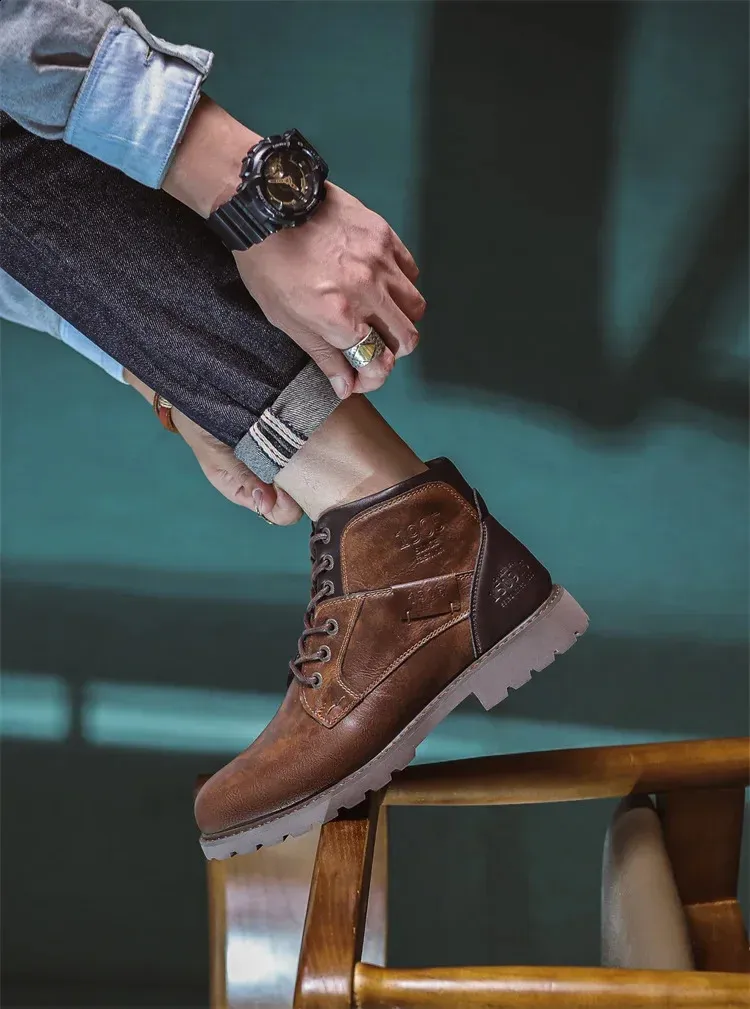 Bottines de travail en cuir marron pour homme, faites à la main, pour l'automne et l'hiver, style vintage, en tendon de bœuf, 240830_voghion.com