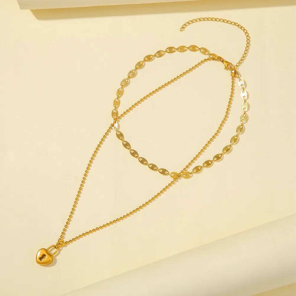 Collane con ciondolo ModaAcciaio inossidabile Collana a forma di cuore con lucchetto per donna Catena d'amore Oro Doppio girocollo Gioielli impermeabili_voghion.com