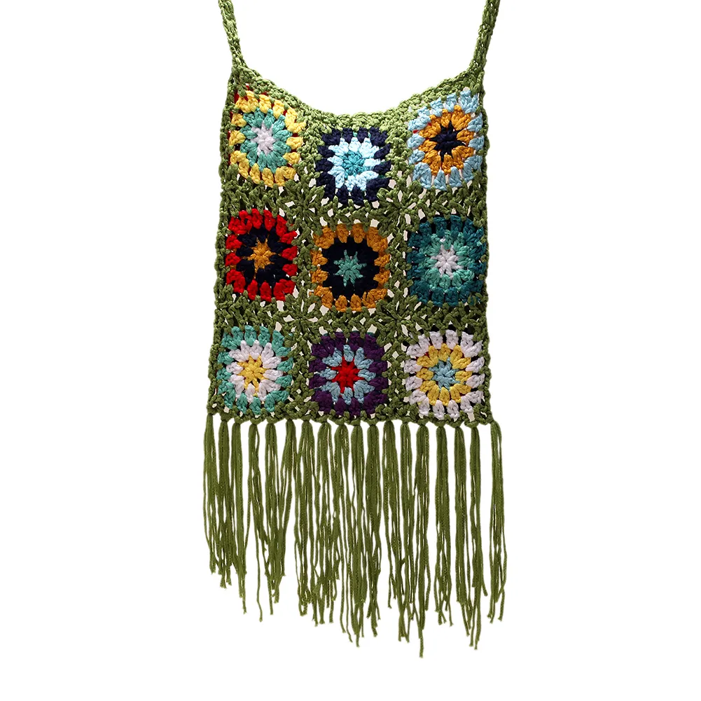 Borsa a tracolla da donna in maglia a traliccio con nappa, stile etnico, bohémien, morbida e traforata, intrecciata_voghion.com