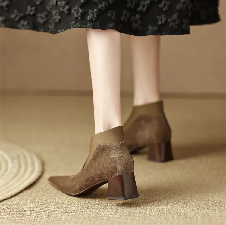2024 New Spring Square Toe Women Pumps High Women's Heels Party Shoes Retro Kid Suede D074_voghion.com