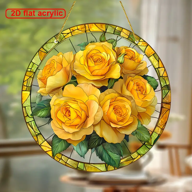 Acchiappasole Golden Rose - Arte in acrilico colorato da 8". Decorazione floreale primaverile per ingressi di case coloniche o regalo prezioso per donne._voghion.com