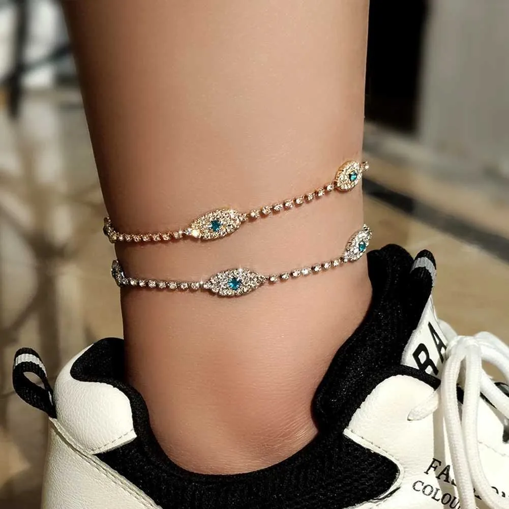 Enkelbandjes Flatfoosie Fashion Evil Eye Crystal Ketting Dames Goud Sier Water Diamant Tennis Enkelband Blotevoetenketting_voghion.com