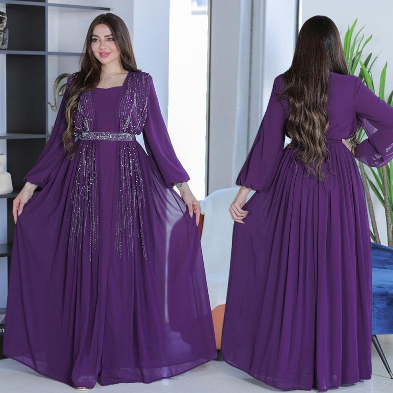 Vêtements pour femmes musulmanes Robe longue à ceinture en diamant chaude Robe de soirée longue Jupe longue