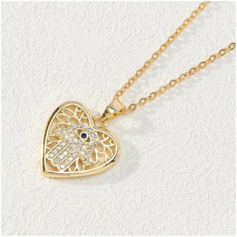 Colares com Pingente Pedra Olho de Fátima Colar com Coração Azul Mal Hamsa Mão Para Mulheres Proteção Espiritual Turca_voghion.com