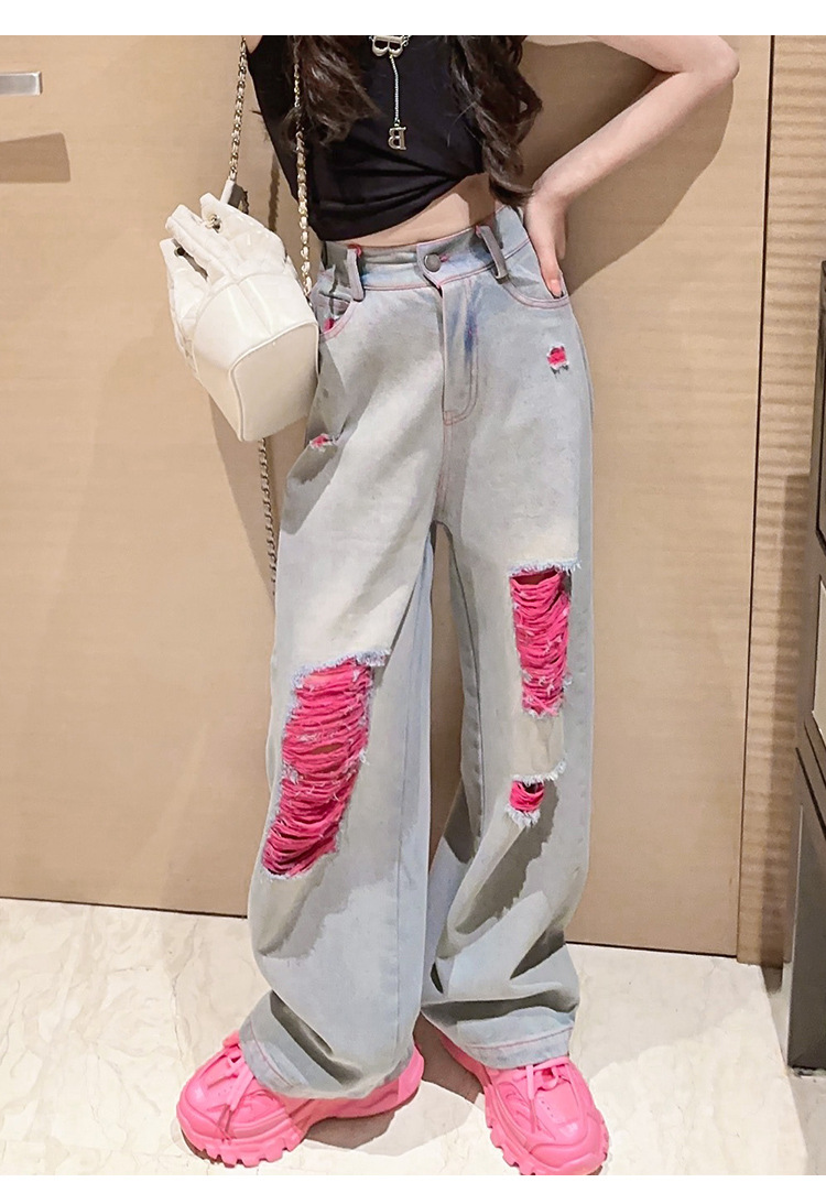Mère et enfants filles jeans déchirés été mince enfants coréens pantalons longs droits à la mode pantalons larges lâches et à la mode tendance_voghion.com