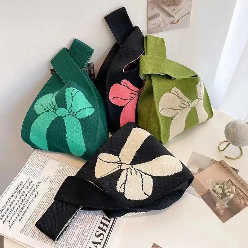 Frauen handgemachte knoten handgelenk CNew gestrickte casual kleine bogen handtasche für mädchen wiederverwendbare einkaufstasche Y241106_voghion.com