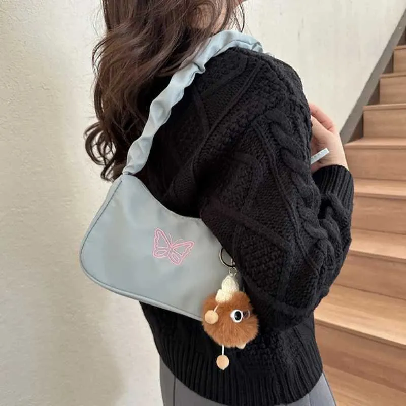 Cute Embroidered Bowknot Shoulder Bag Women Nylon Pleated Handbag_voghion.com
