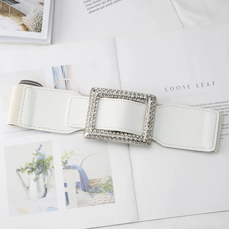 Cinture Cintura larga in pelle elastica alla moda per donna Cintura con fibbia quadrata con strass Cintura in vita con corsetto Cintura femminile_voghion.com