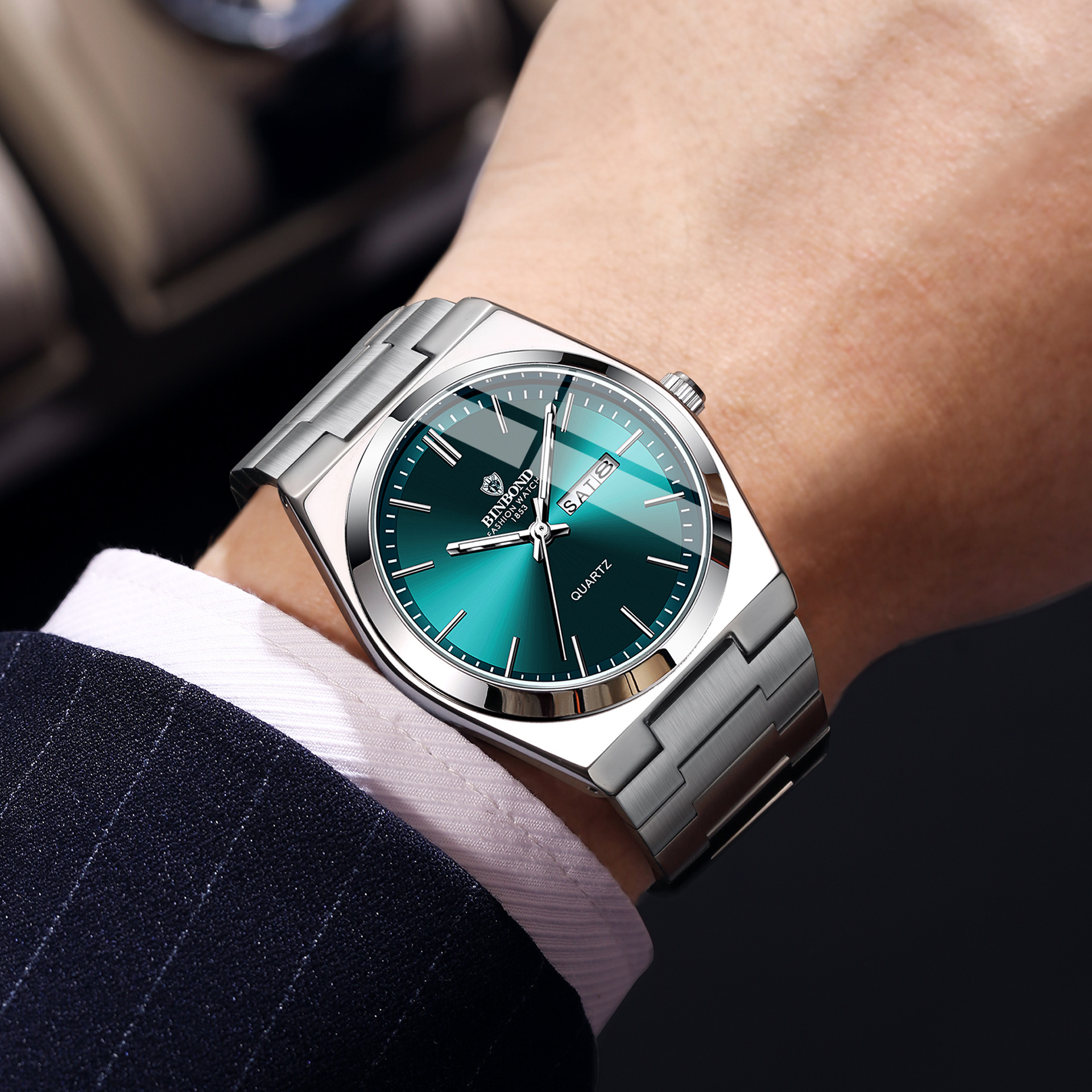 Schlanke Herren-Quarzuhr aus Edelstahl mit Datumsanzeige, wasserdicht, Business-Casual-Stil, Doppelkalender
