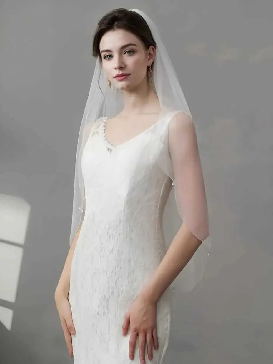 Hair Jewelry V118 1T Pearls Bridal Fingertip Scalloped Edge Rhinestones Crystal Wedding Veil With Comb Short Elegant_voghion.com