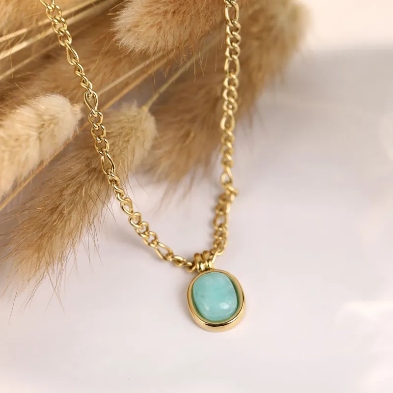 Colliers pendentifs rétro mode vert menthe pierre naturelle romaine ovale chaîne de clavicule bijoux exquis en acier inoxydable_voghion.com