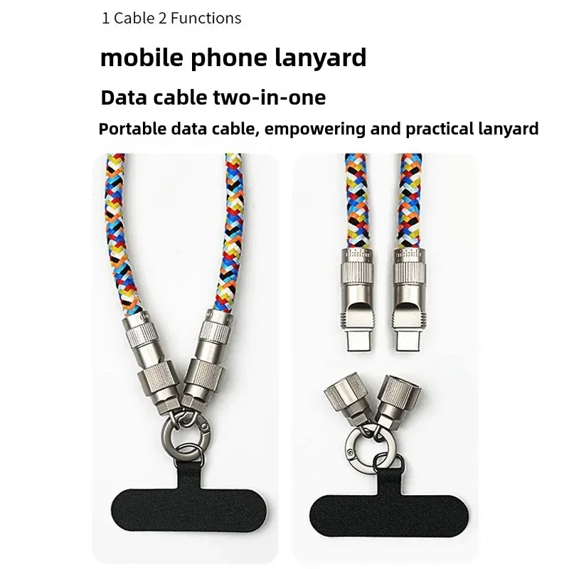 USB Charging 2-in-1 Type C Anti-Lost Rope Braided Lanyard PD 100W Fast Data Cable For Iphone15 Samsung_voghion.com