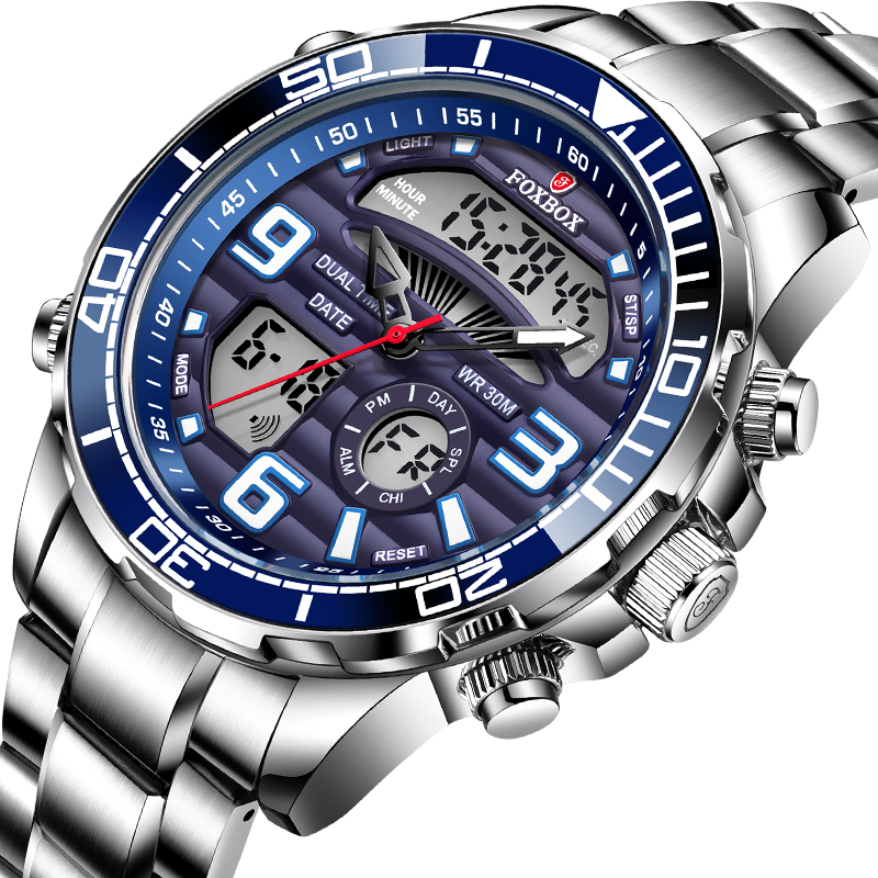Reloj de pulsera de marca FOXBOX para hombre, relojes deportivos digitales para hombre, reloj de cuarzo con correa de acero, reloj masculino