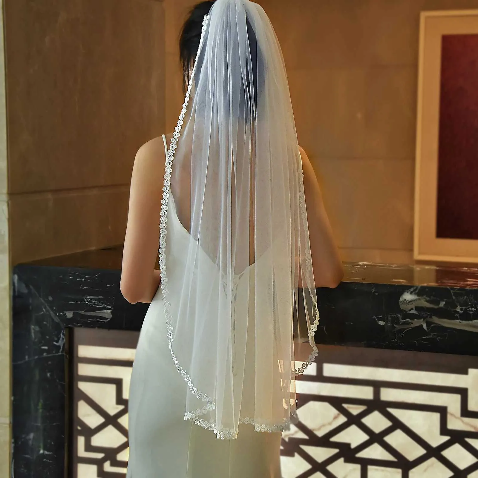 Hair Jewelry MZA04 Veils Bride Flowers Vine Applique Lace Edge Wedding Partial Trim 1 Tier Waltz Veil Bridal Accessories_voghion.com